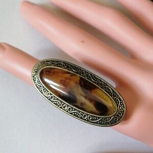 Vintage Lucite Amber Engraved Antique Gold Rim Extra Long Statement Ring